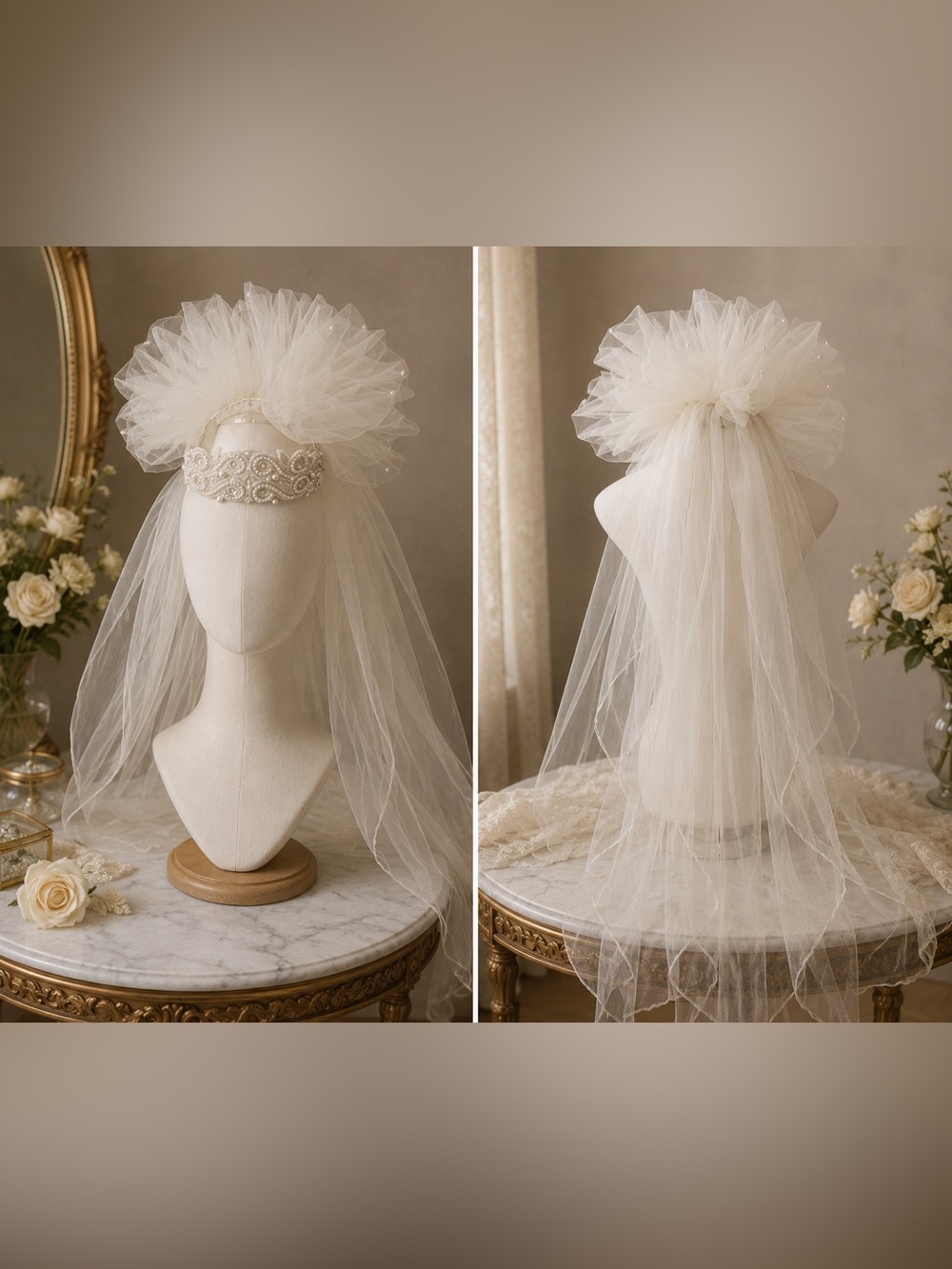 Vintage 1980 Ivory Tulle Bridal Headpiece with Embellished Headband